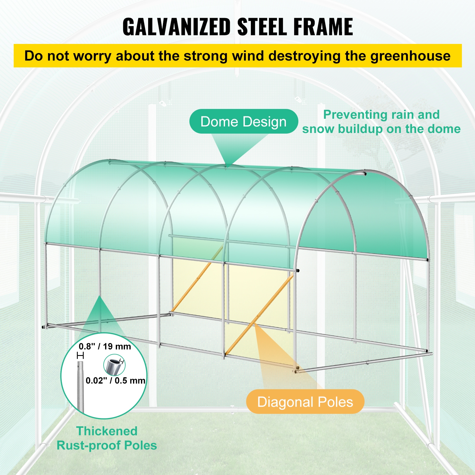 Walk-in Tunnel Greenhouse, 14.8 X 6.6 X 6.6 Ft Portable Plant Hot House W/ Galvanized Steel Hoops, 1 Top Beam, Diagonal Poles, Zippered Door & 8 Roll-up Windows, Green_voghion.com